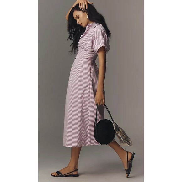 Exquise Anthropologie Midi Shirt Dress Tobie Purple Pleated Preppy Boho XS NWT - Picture 8 of 14
